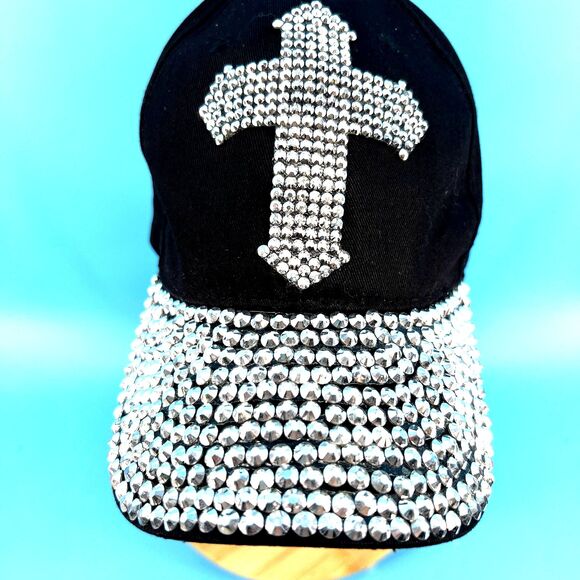 BLACK RHINESTONE CROSS FASHION BASEBALL CAP - Picture 3 of 10